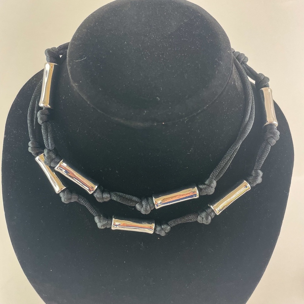 Chico's Long Statement Necklace, Silk Cord and Metal Beads